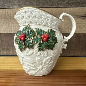 Vintage Holly Handled Pitcher Vase for Christmas Decor 3D Accents 8” Tall Ivory